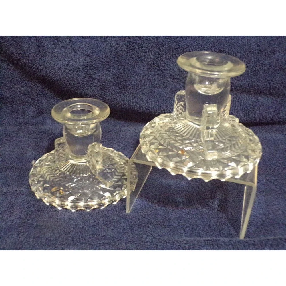 Vintage Herringbone Anchor Hocking Crystal Cut‎ Clear Candle Holders Set of 2